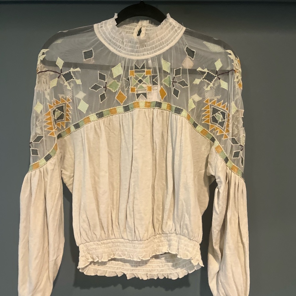 Free People White and Orange Embellished Long Sleeve Blouse